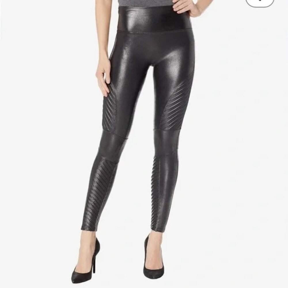 Spanx Women's Faux Leather Black Moto Leggings, Large EPC